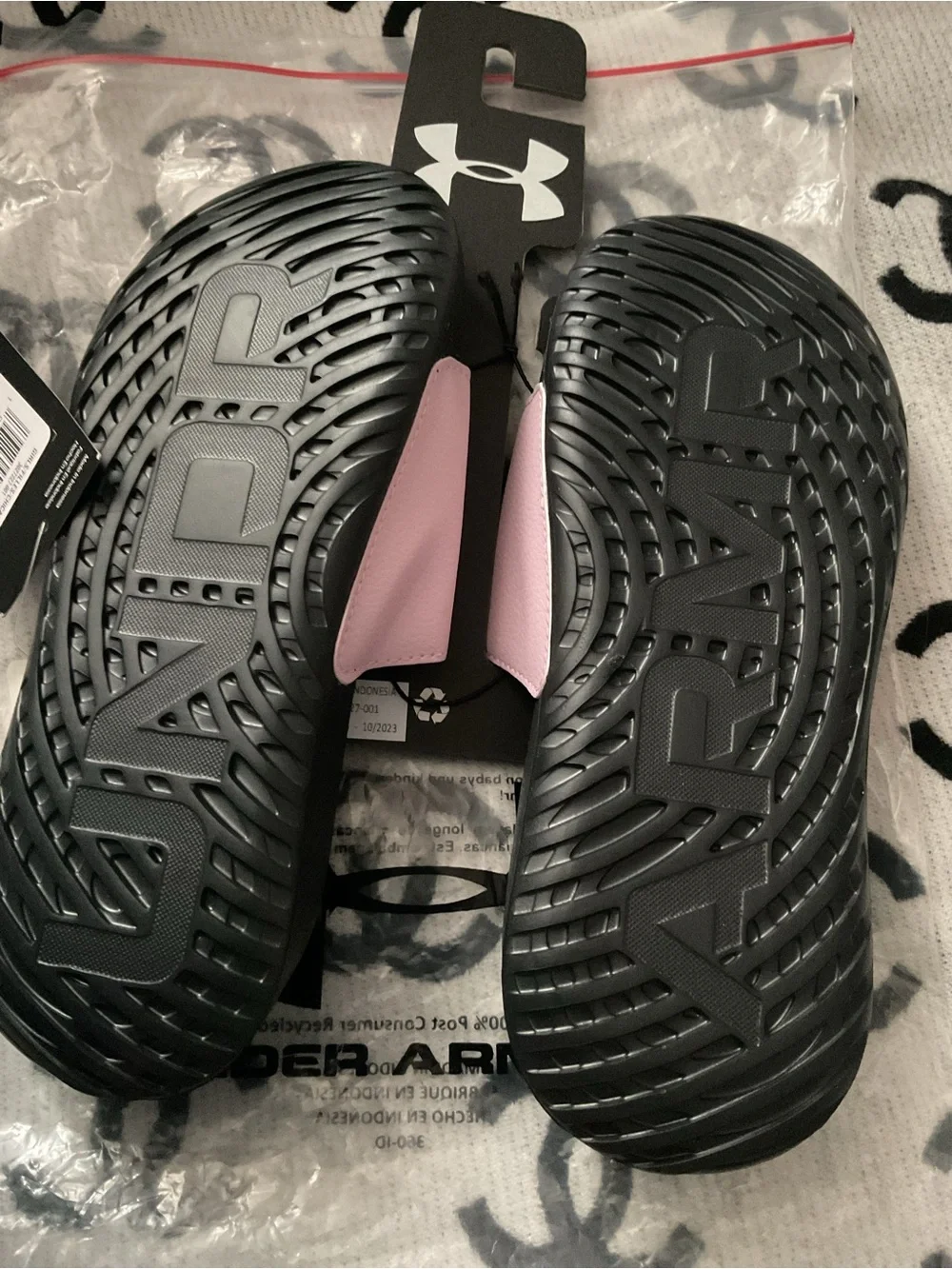 Under Armour Pink and Black Adjustable Slide Sandals